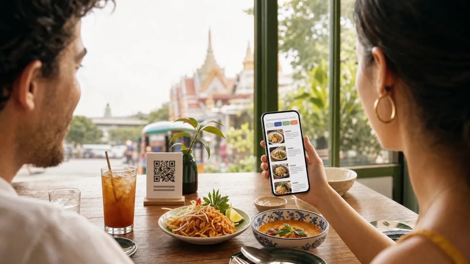 Tourists reading a multilingual QR menu on a smartphone at a restaurant table with Thai dishes and clear food photos.
