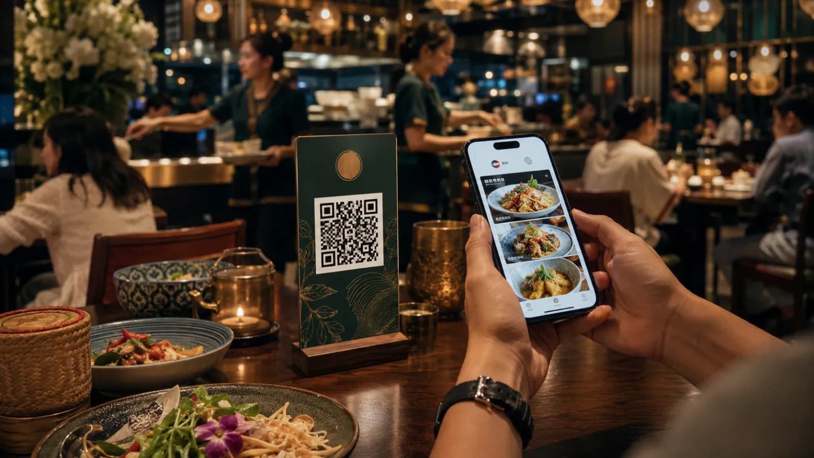 โต๊ะร้านอาหารที่มีป้าย QR menu แบบมีแบรนด์ และมือถือแสดงเมนูดิจิทัลที่อัปเดตได้ทันที