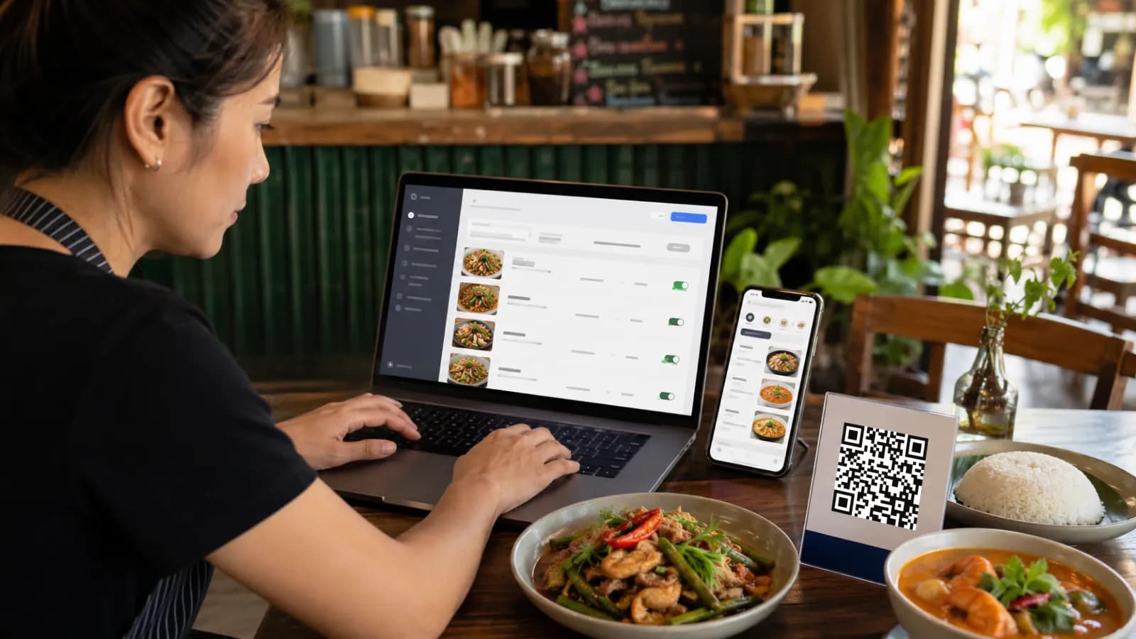 เจ้าของร้านแก้ไขเมนู QR บนแล็ปท็อป ขณะที่ลูกค้ายังเปิดเมนูเดิมบนมือถือได้
