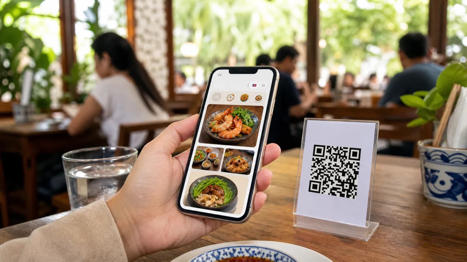 A restaurant guest scanning a table QR code while a smartphone shows a mobile-first multilingual digital menu.