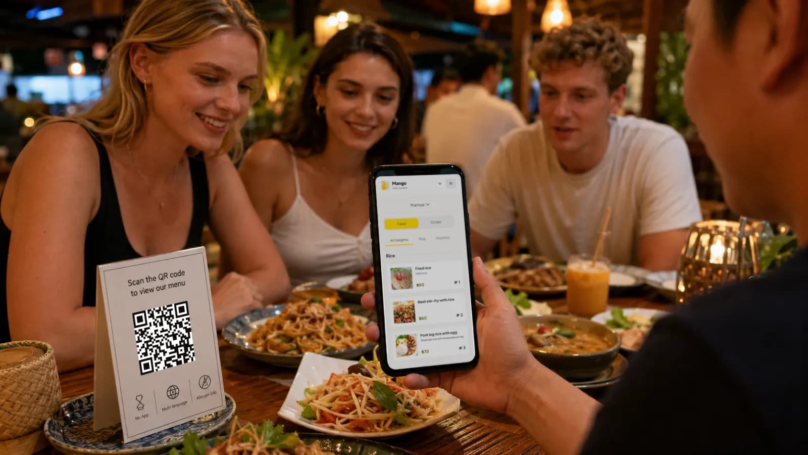 International guests reading an AI translated restaurant menu on a smartphone at a table with local dishes.