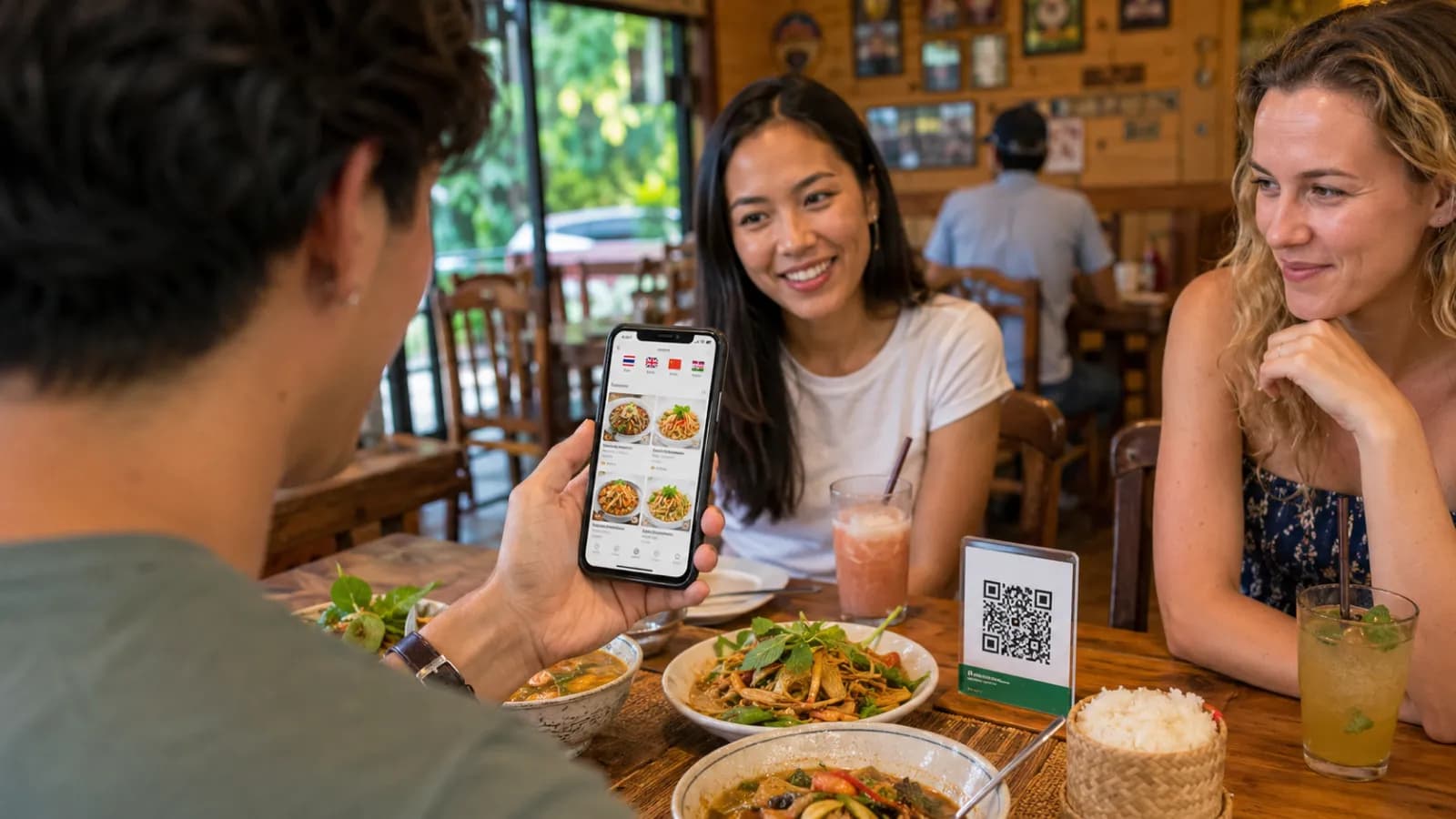 International guests scanning a multilingual QR menu at a restaurant table with translated dish photos on a phone.