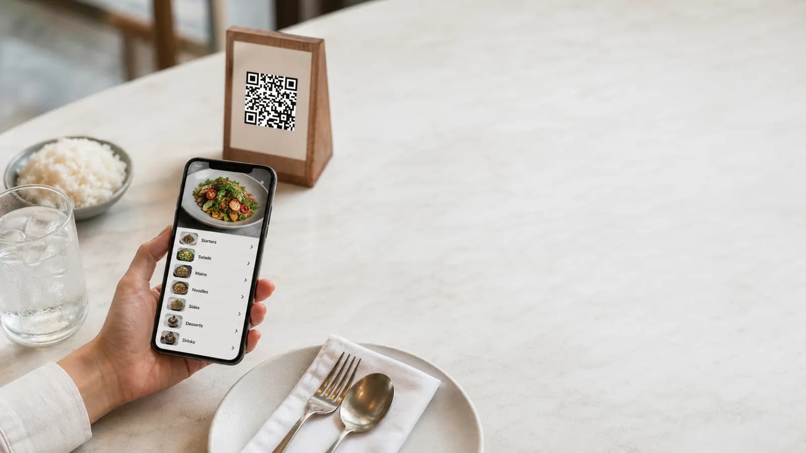 A QR code on a wooden table tent next to a smartphone showing a digital restaurant menu in soft daylight.