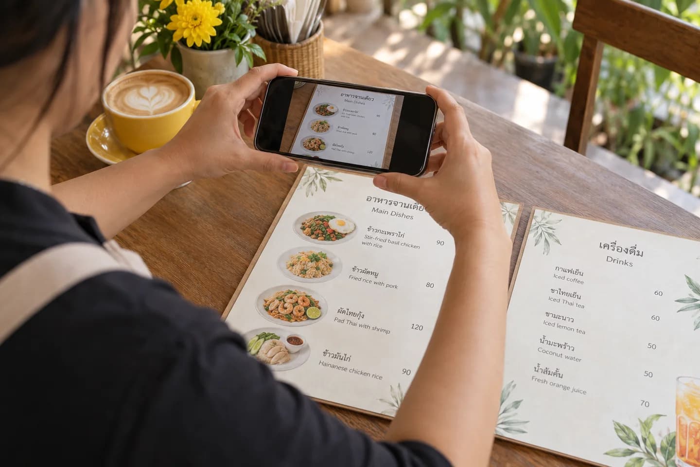 Restaurant owner photographing a printed menu laid flat on a cafe table.