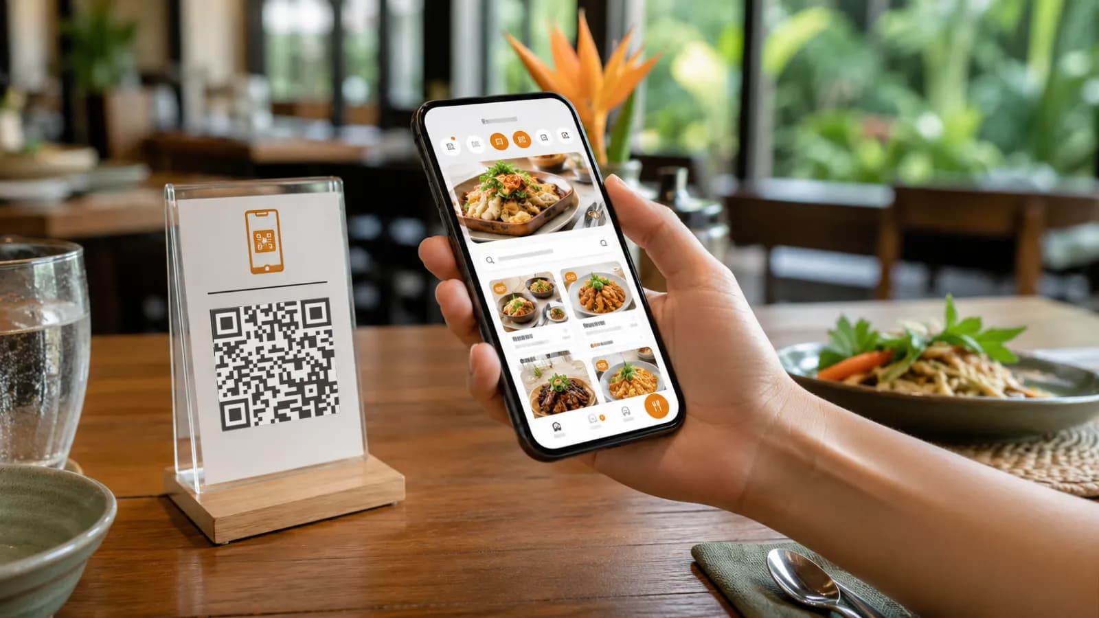 A restaurant guest scanning a table QR code while a smartphone shows a fast multilingual contactless menu app.