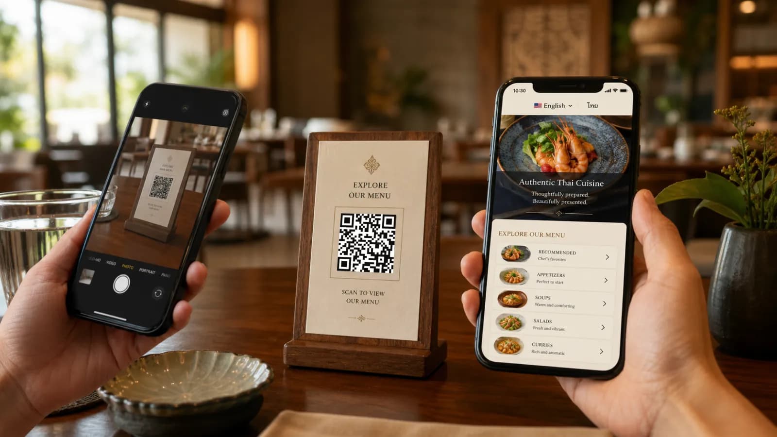 A restaurant guest scanning a QR menu on a table tent while a smartphone displays a multilingual digital menu.