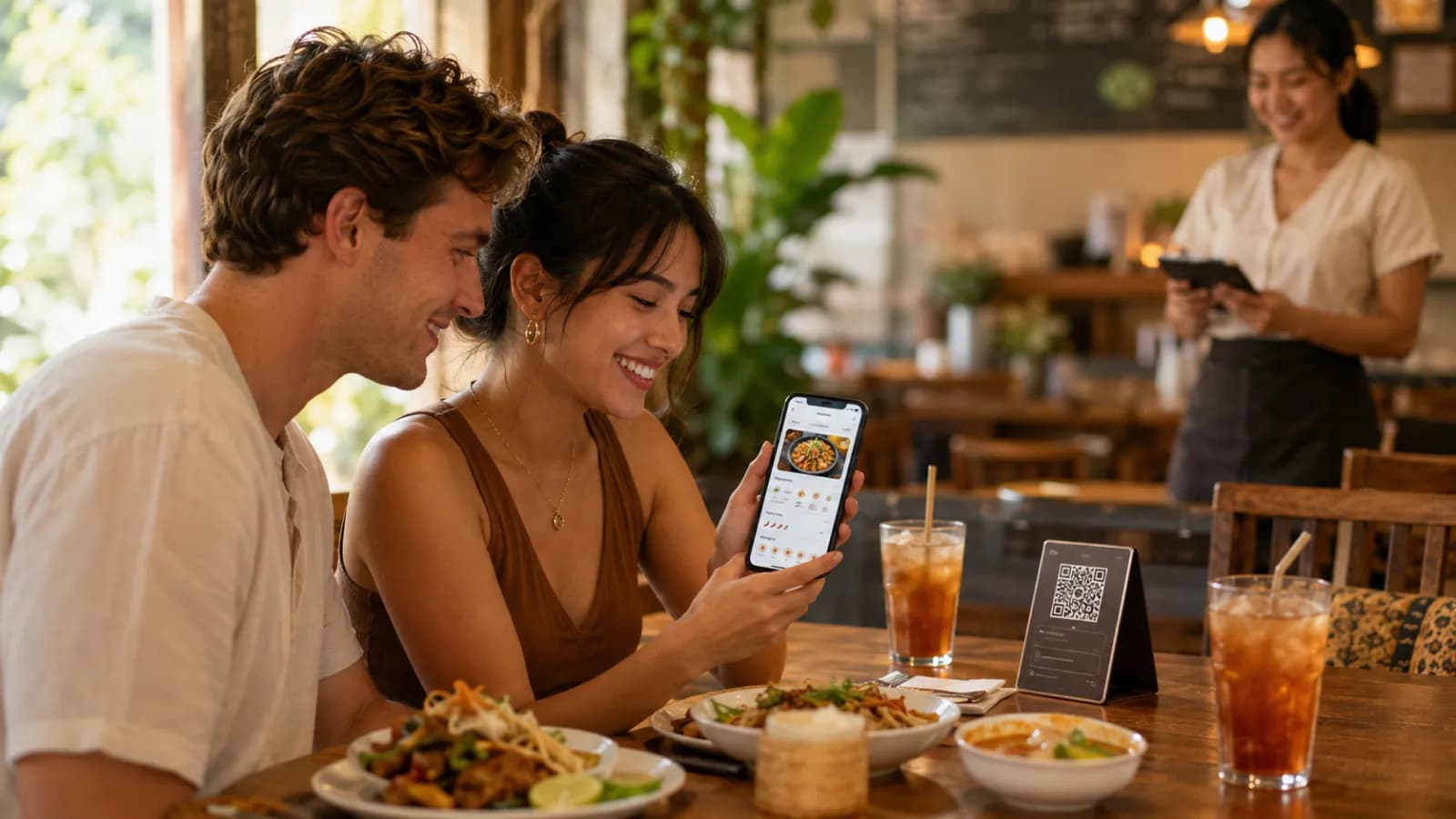 นักท่องเที่ยวดูเมนู QR หลายภาษาบนโทรศัพท์ก่อนสั่งอาหารที่โต๊ะร้านอาหาร