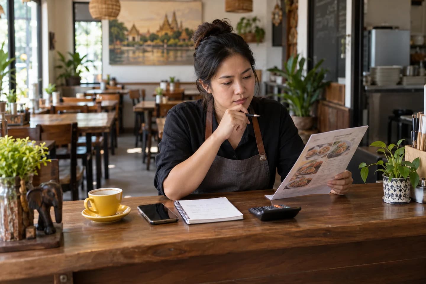 A cafe owner reviewing a paper menu and cost notebook beside a calculator and smartphone.