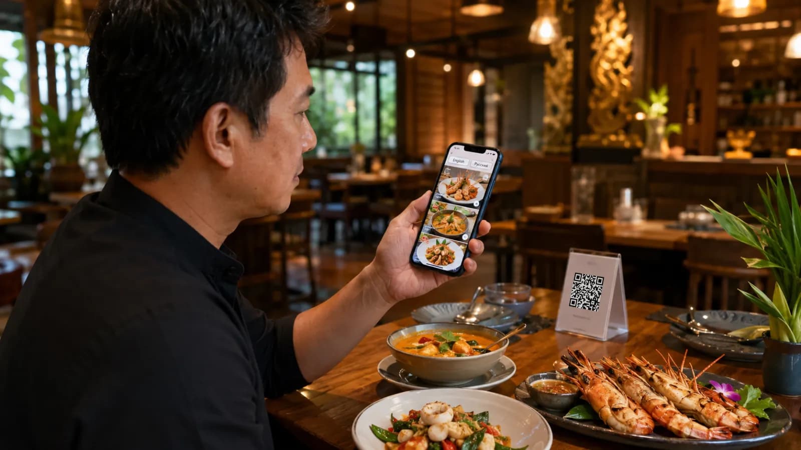 Restaurant owner previewing a Russian-English digital menu on a phone beside Thai dishes and a table QR code.