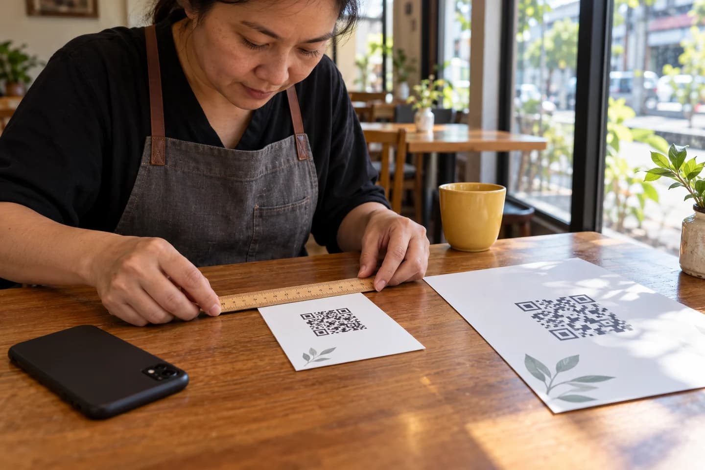 A restaurant owner measuring a matte menu card beside a larger window-sign print.
