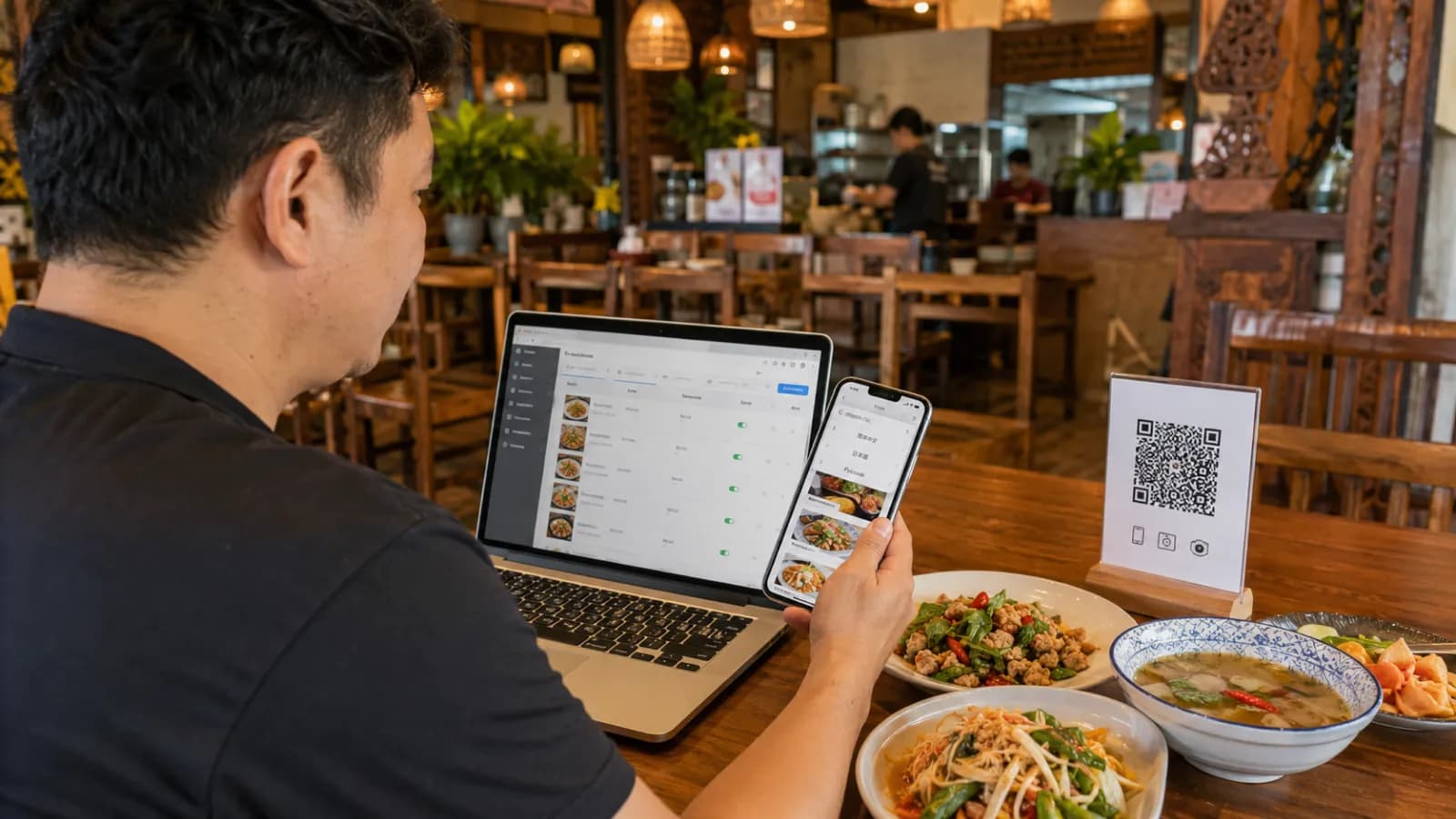 เจ้าของร้านตั้งค่า QR menu หลายภาษาพร้อมระบบช่วยแปลอัตโนมัติบนแล็ปท็อปและโทรศัพท์