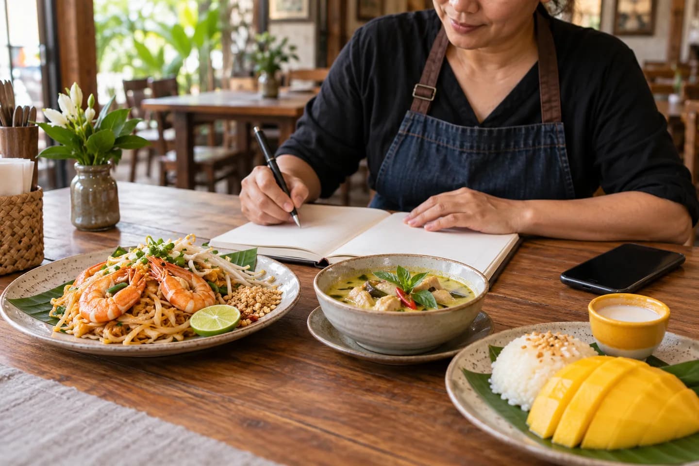 A restaurant owner making menu notes beside prawn pad Thai, green curry and mango sticky rice.