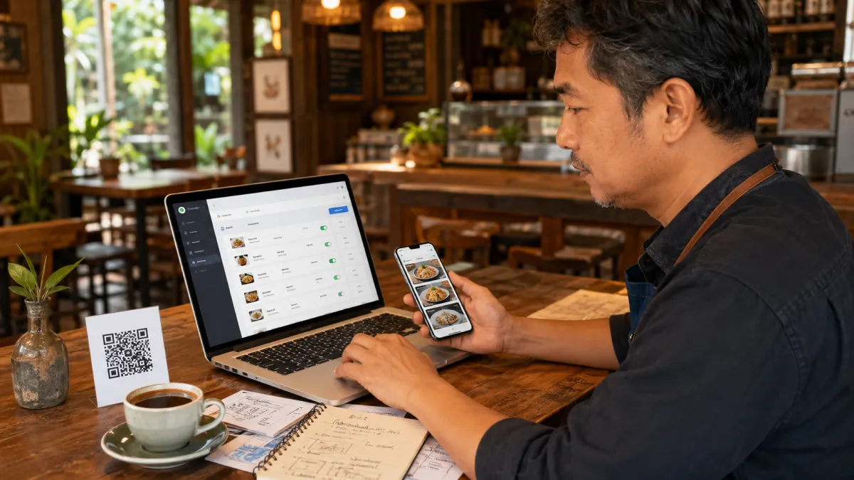เจ้าของร้านอาหารกำลังตรวจดูเมนู QR ที่แปลให้เหมาะกับแต่ละภาษา บนแล็ปท็อปและโทรศัพท์
