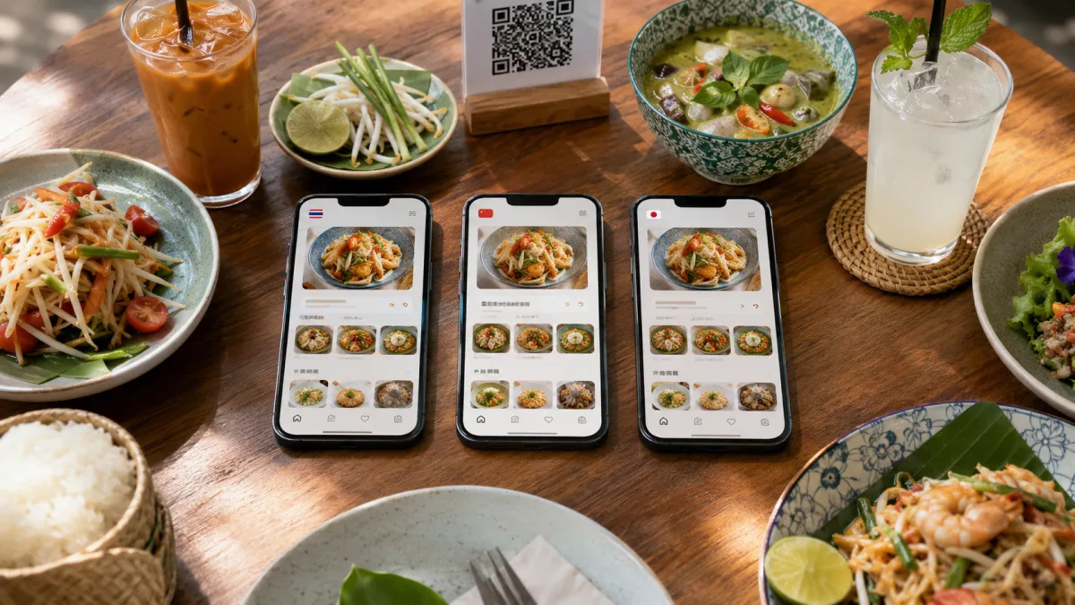 โทรศัพท์สามเครื่องที่แสดงเมนูร้านอาหารเดียวกันในภาษาต่าง ๆ