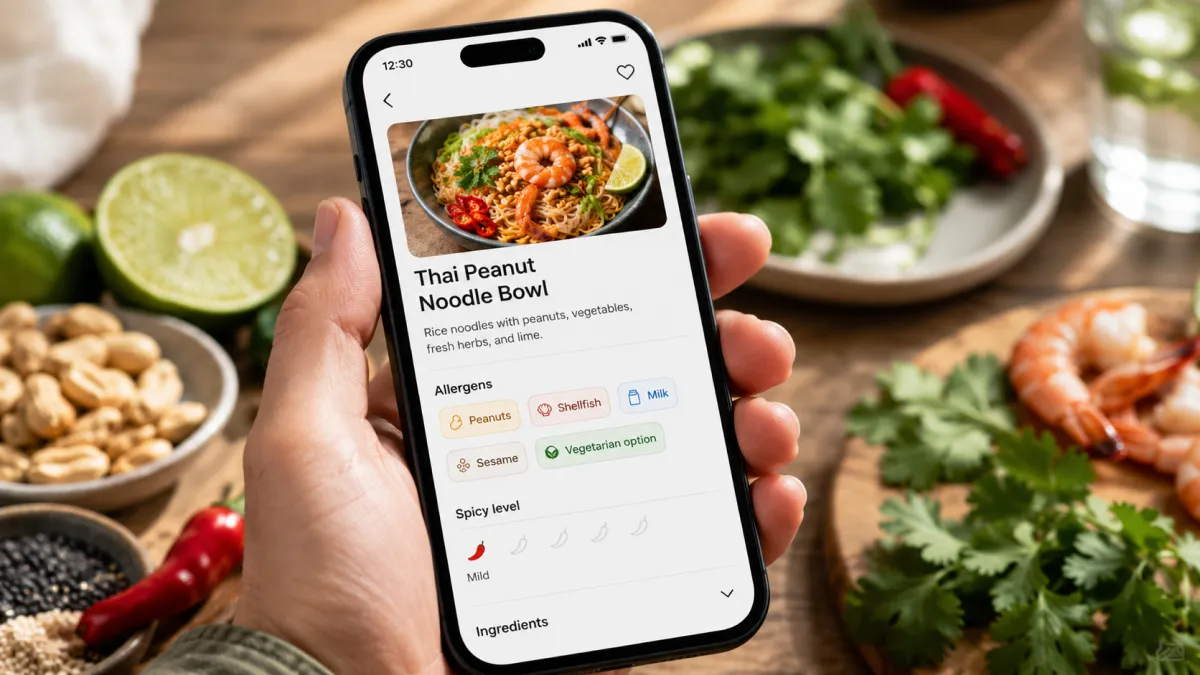 A smartphone showing visible allergen and dietary tags for a restaurant dish: peanuts, shellfish, milk, sesame, vegetarian option, spicy level