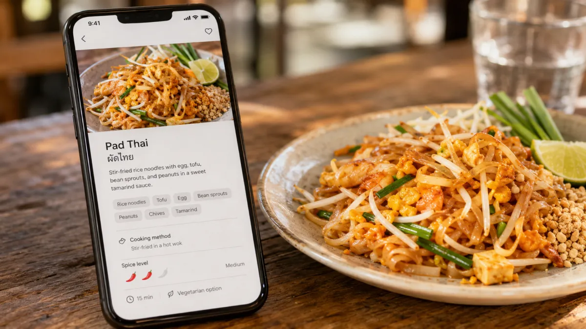 A translated item page for a Thai dish. The UI includes a local dish name, English description, ingredients, cooking method, spice level, and a clear dish photo