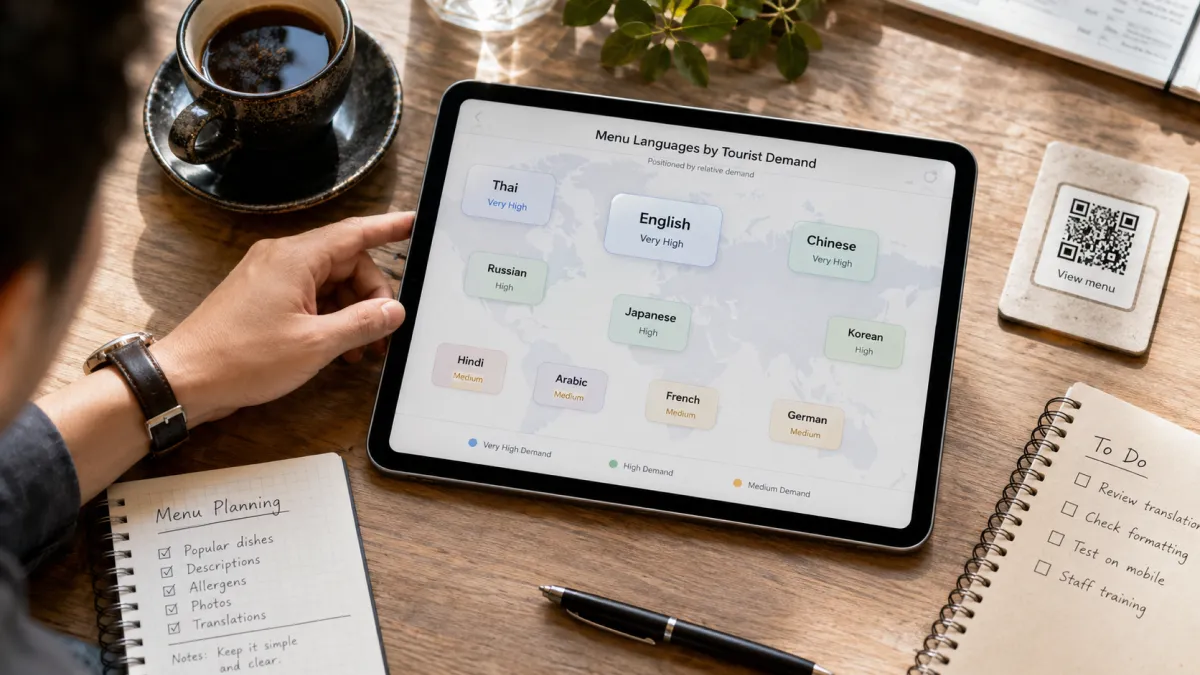 A restaurant owner planning menu languages on a tablet. The tablet displays a simple map-style dashboard with language chips for Thai, English, Chinese, Russian, Korean, Japanese, Hindi, Arabic, French, and German
