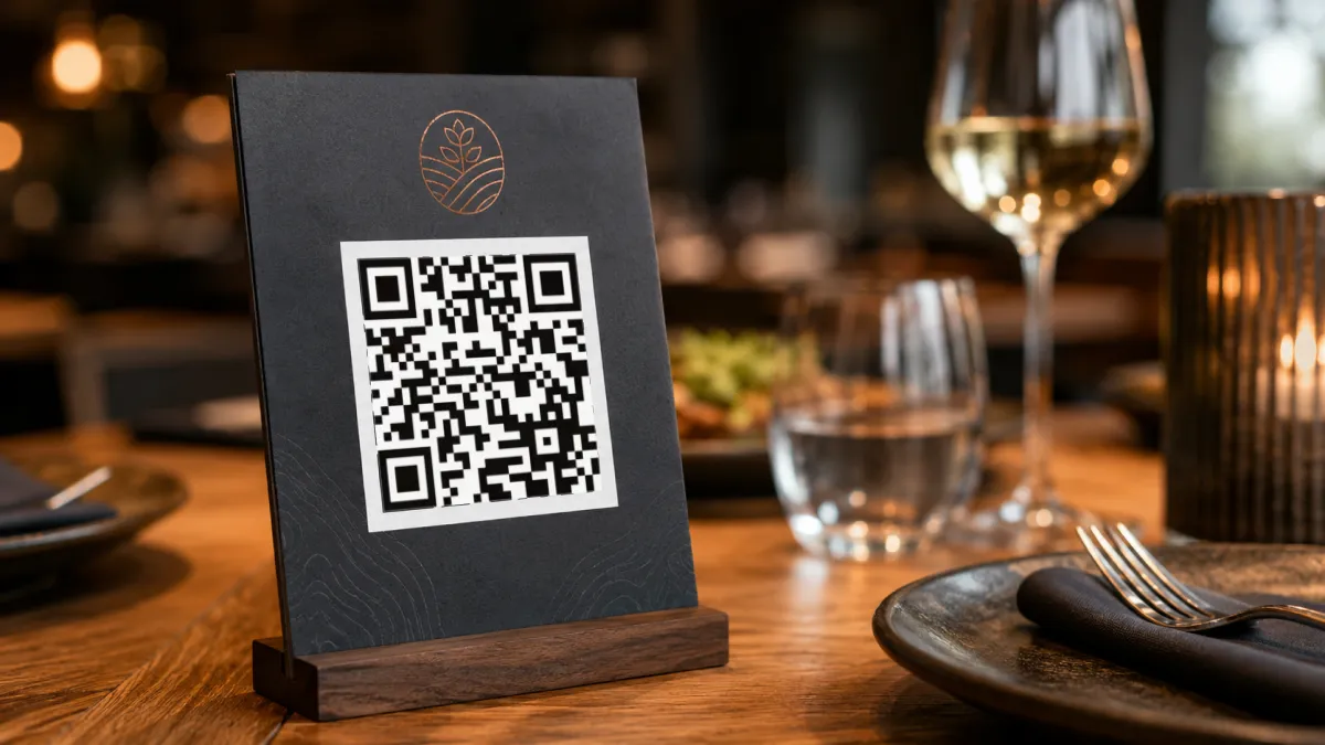 ภาพระยะใกล้ของการ์ดเมนู QR บนโต๊ะของร้านอาหารที่มีแบรนด์ชัดเจนและออกแบบมาให้สแกนได้ง่าย