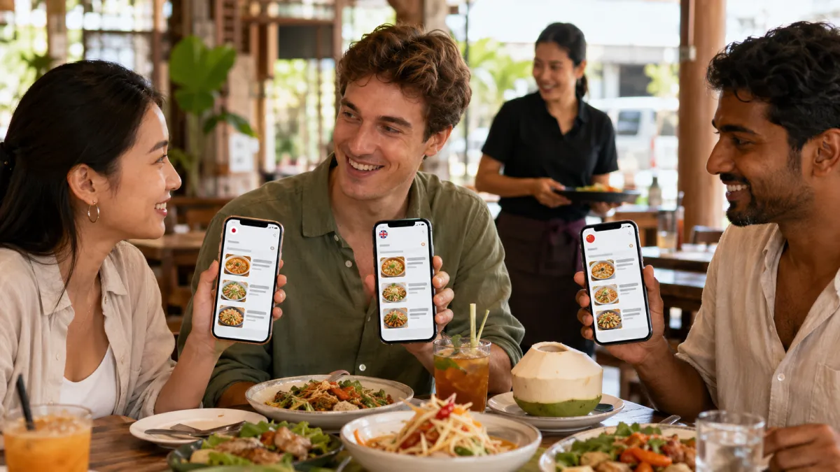 ลูกค้าร้านอาหารสามคนกำลังดูเมนู QR แบบไดนามิกเดียวกันบนโทรศัพท์ของตนเองในคนละภาษา