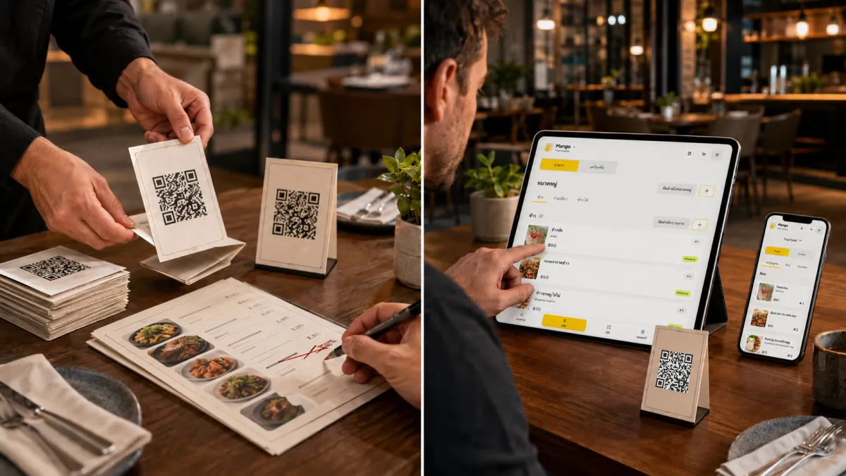 ภาพแบบแบ่งหน้าจอที่เปรียบเทียบเมนู QR แบบคงที่ที่แก้ไขไม่ได้ กับแดชบอร์ดเมนู QR แบบไดนามิกที่แก้ไขได้