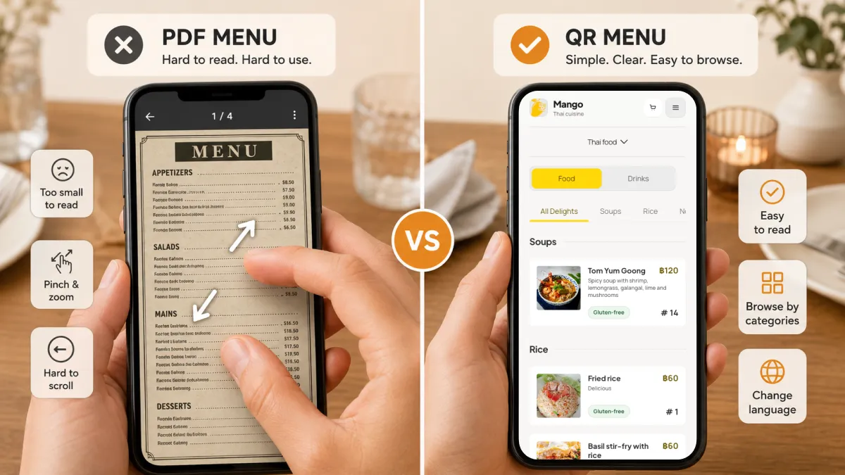 Comparison of a PDF menu and a mobile-first editable QR menu on restaurant guest phones