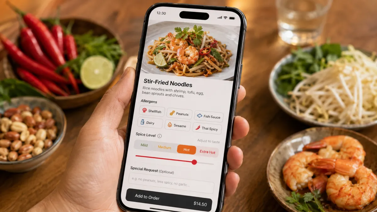 หน้าจอเมนู QR บนมือถือที่แสดงป้ายสารก่อภูมิแพ้และระดับเผ็ดของอาหาร เช่น shellfish, peanuts, fish sauce, dairy, sesame, Thai spicy และ adjustable spice