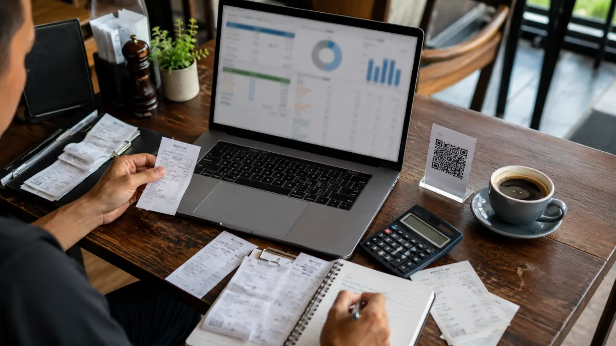 A restaurant owner comparing menu costs and digital menu performance on a simple spreadsheet