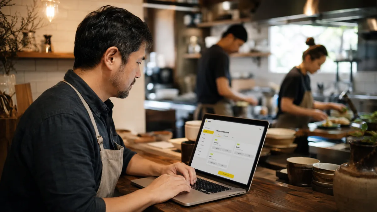 A restaurant owner updating a digital menu item on a laptop before service