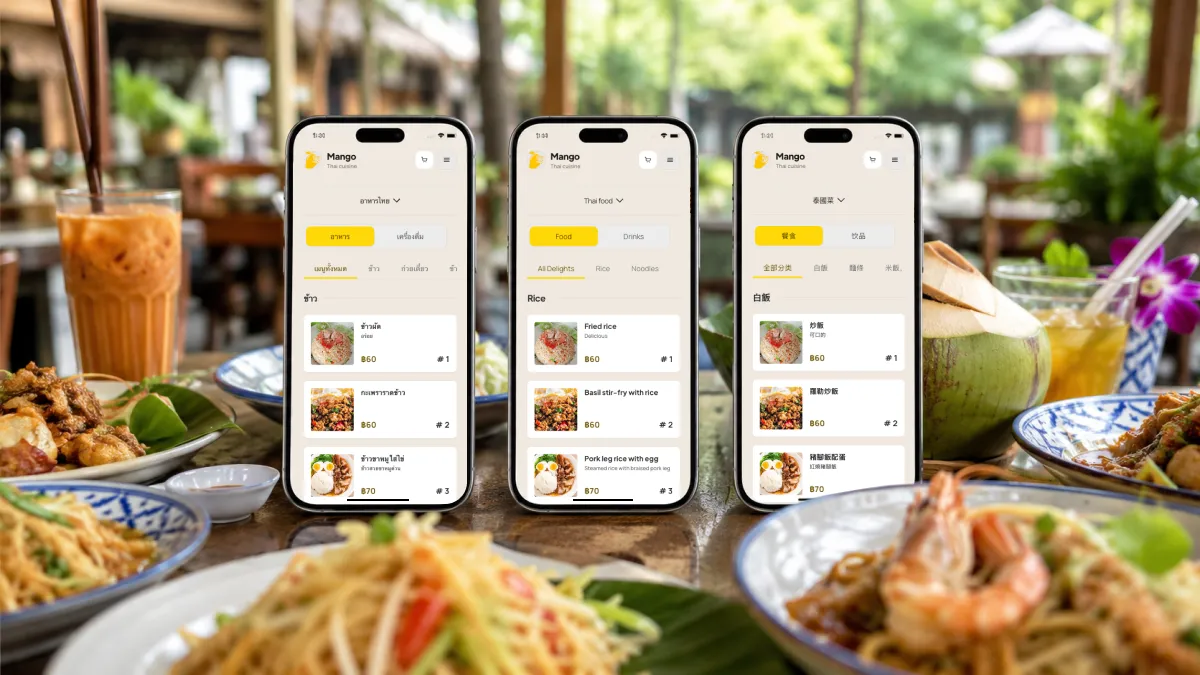 Three phones showing the same restaurant digital menu experience for guests using different languages