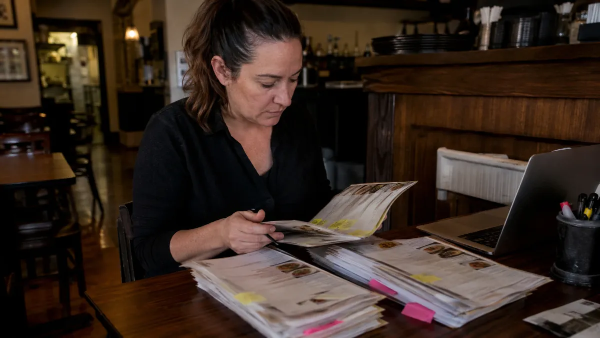 A restaurant manager reviewing outdated paper menus with crossed-out prices and a laptop nearby