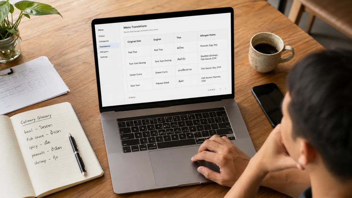 Restaurant owner reviewing AI translated menu fields and culinary glossary terms before publishing