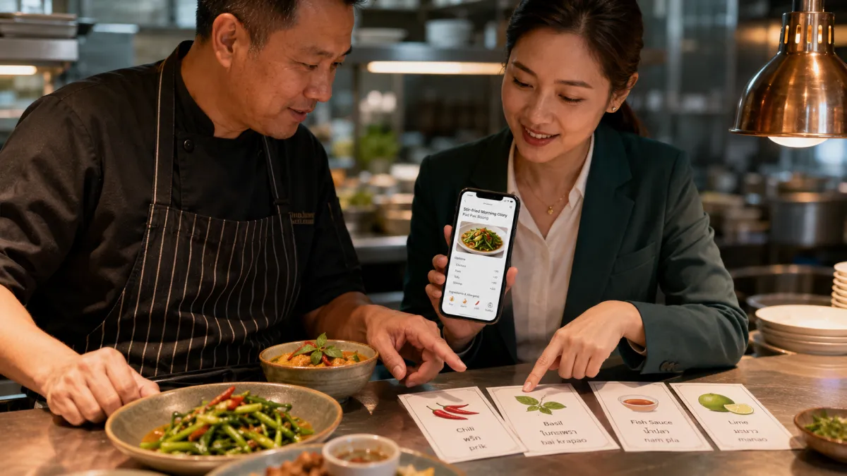 Chef and manager reviewing culinary terms for a translated restaurant menu