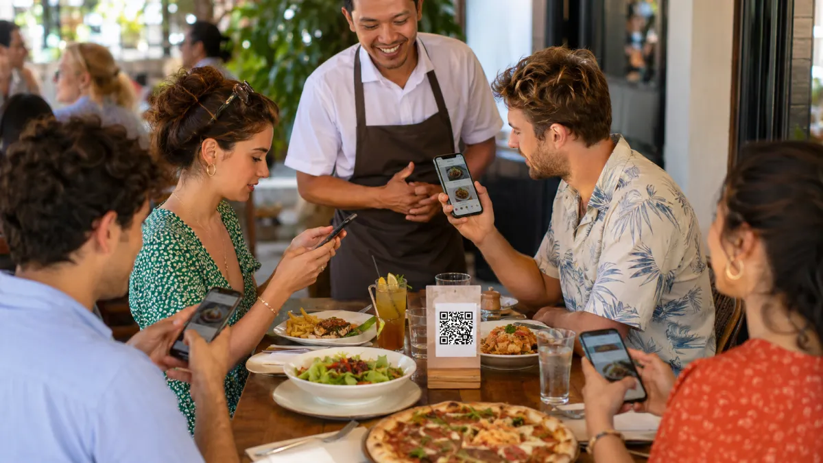 Tourists using a multilingual QR menu to choose local dishes with confidence