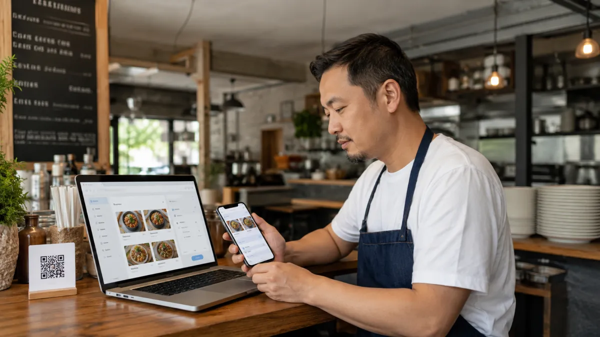 A restaurant owner at a small counter reviewing a digital menu on a laptop and phone, food photos and translation fields visible as clean UI shapes without readable text