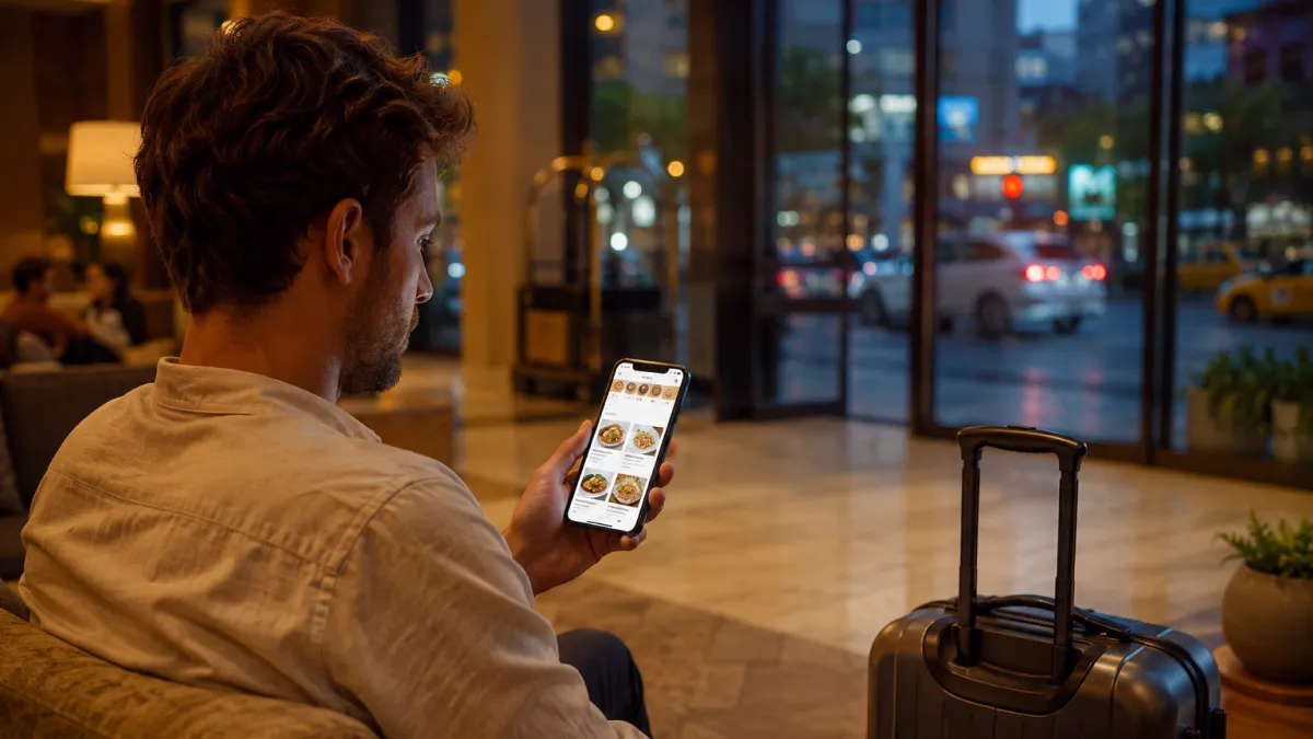 A traveler in a hotel lobby looking at a mobile restaurant menu before going out, the screen shows food photos and a language selector without readable text