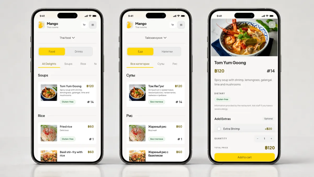 Three smartphone screens with a restaurant menu in English and Russian, focusing on Cyrillic text wrapping, category tabs, item cards, allergen notes, and a language switcher