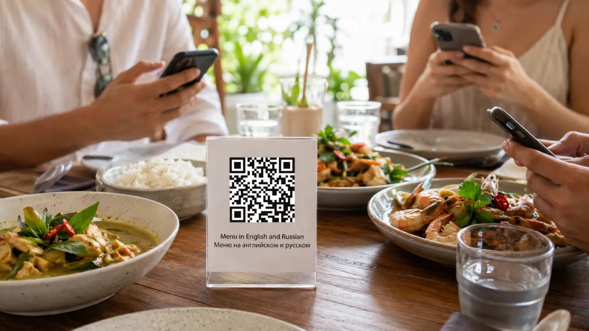 A QR code table tent that says "Menu in English and Russian" and "Меню на английском и русском", guests reaching for phones, Thai dishes on the table