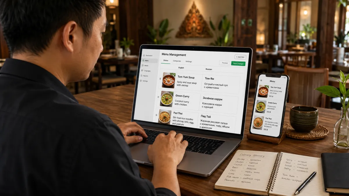 A restaurant manager editing bilingual menu fields on a laptop, with English and Russian dish descriptions