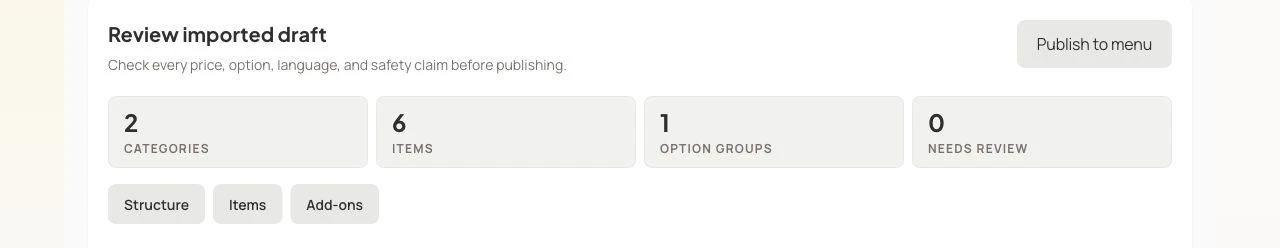 Actual iMango review component showing two categories, six items and one add-on group from manually prepared demonstration data.