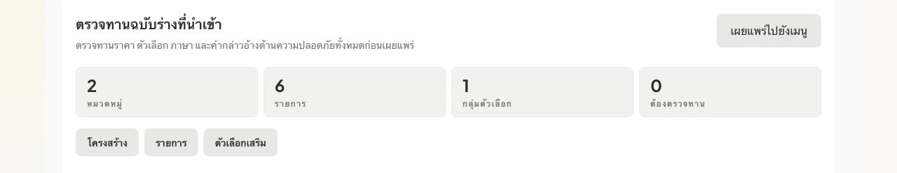 หน้าตรวจทานจริงของ iMango แสดง 2 หมวดหมู่ 6 รายการ และกลุ่มตัวเลือกเสริม 1 กลุ่ม โดยใช้ข้อมูลสาธิตที่เตรียมด้วยตนเอง