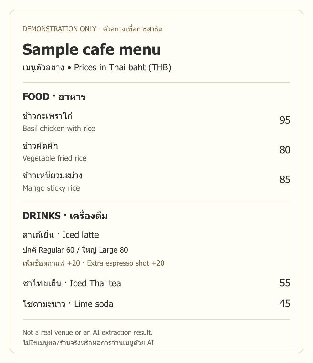 Bilingual demonstration menu with six items, latte sizes at 60 and 80 baht, and an extra shot at 20 baht.
