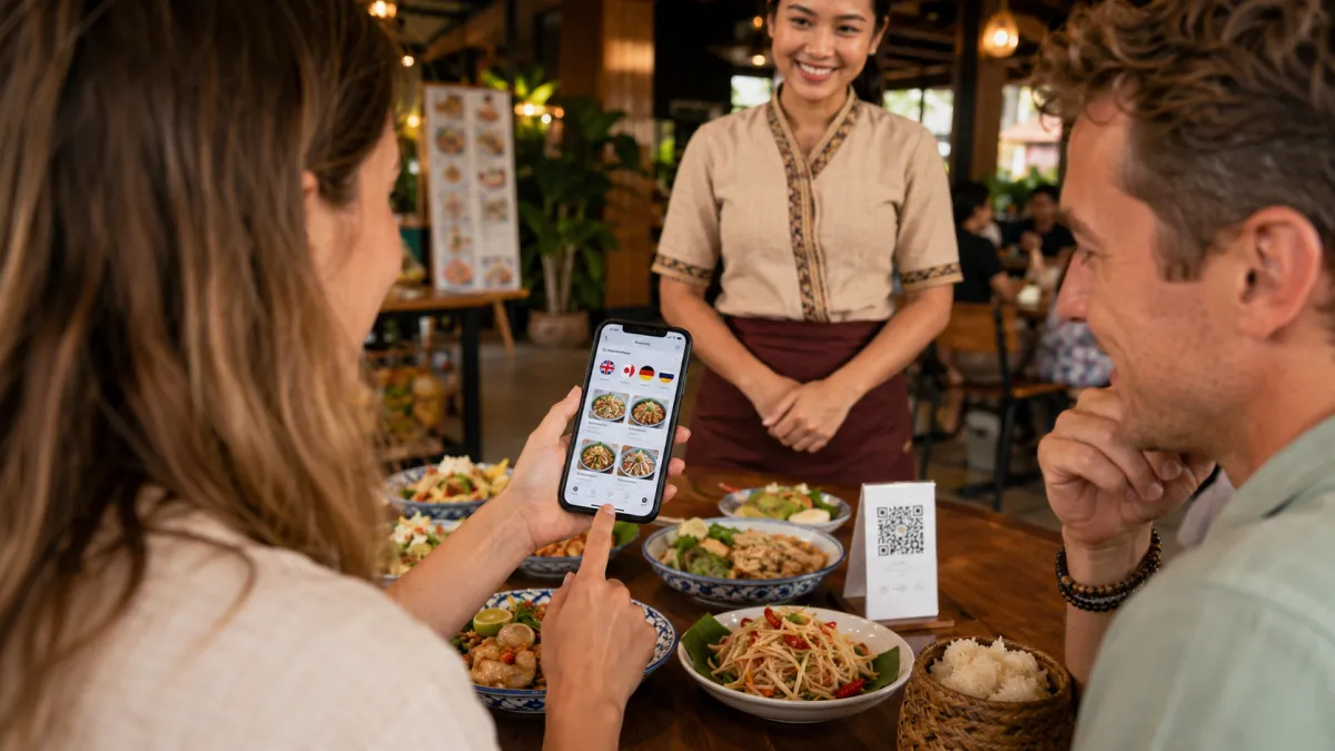 ลูกค้าต่างชาติเลือกภาษาบนเมนู QR ที่โต๊ะอาหาร