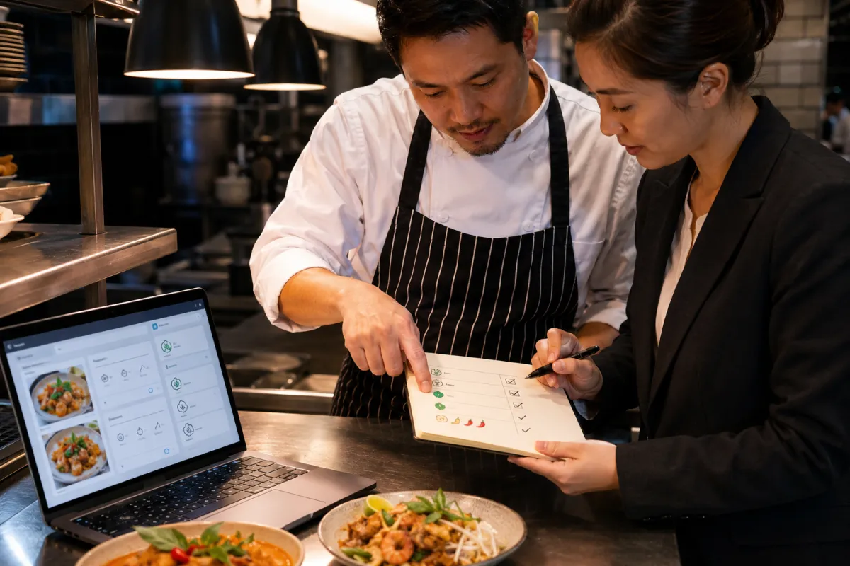 เชฟและผู้จัดการร้านตรวจคำแปลเมนูพร้อมเช็กลิสต์สารก่อภูมิแพ้และระดับความเผ็ด