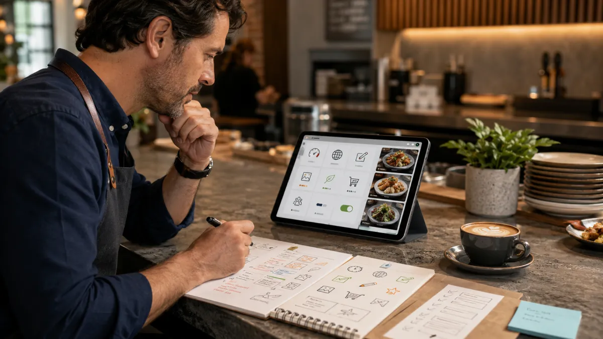 A restaurant manager comparing contactless menu app features such as speed, live edits, translations, photos, allergens, and optional ordering