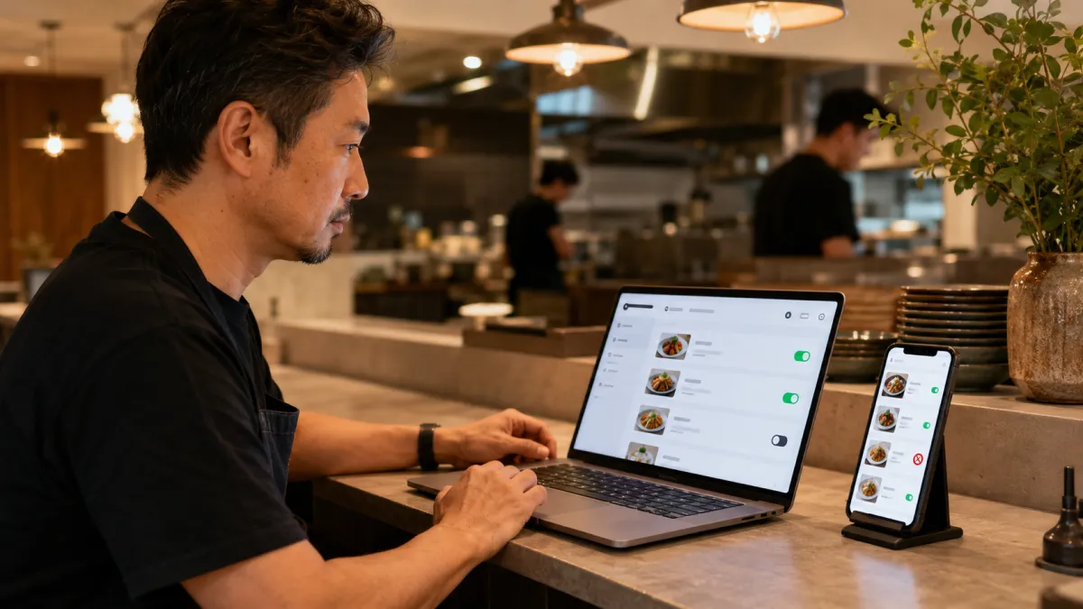 A restaurant owner updating price and sold-out status in a digital menu workspace while the public phone menu stays current