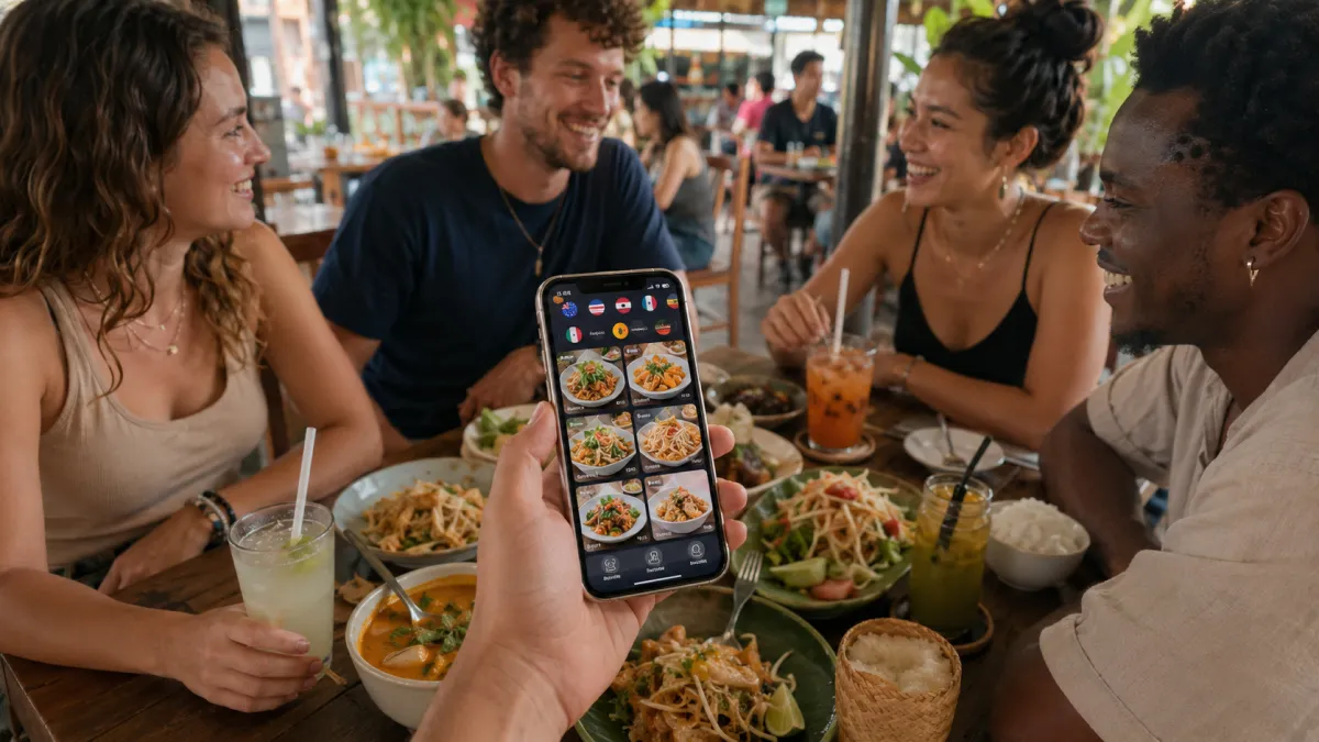 International guests using a multilingual QR menu in a Thai restaurant