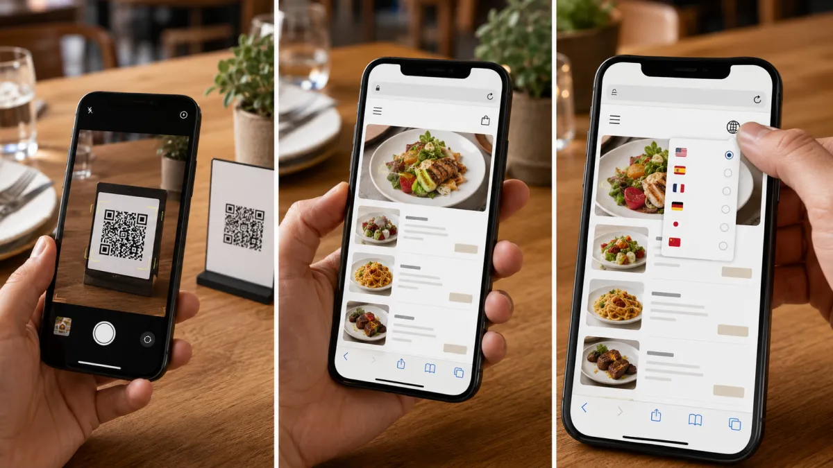 Three-step visual showing scan QR code, open browser menu, and switch menu language without downloading an app