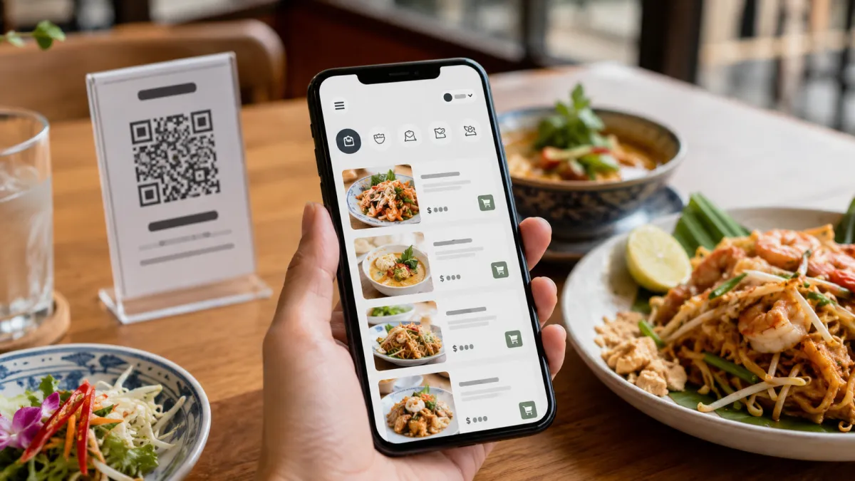 Mobile-first view-only digital menu shown on a phone at a restaurant table
