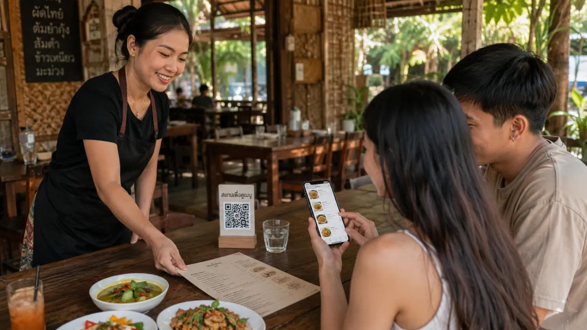 Server offering a paper menu fallback beside a QR code for a view-only digital menu