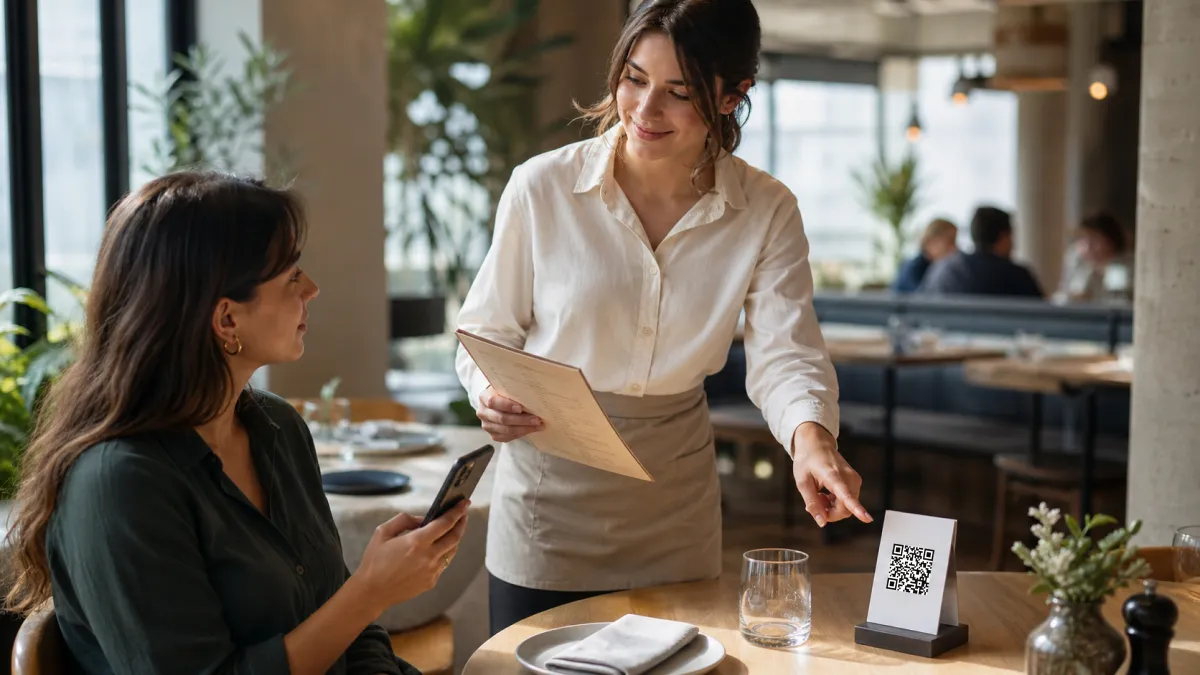 A restaurant server offering both a paper menu and a QR menu option to a guest